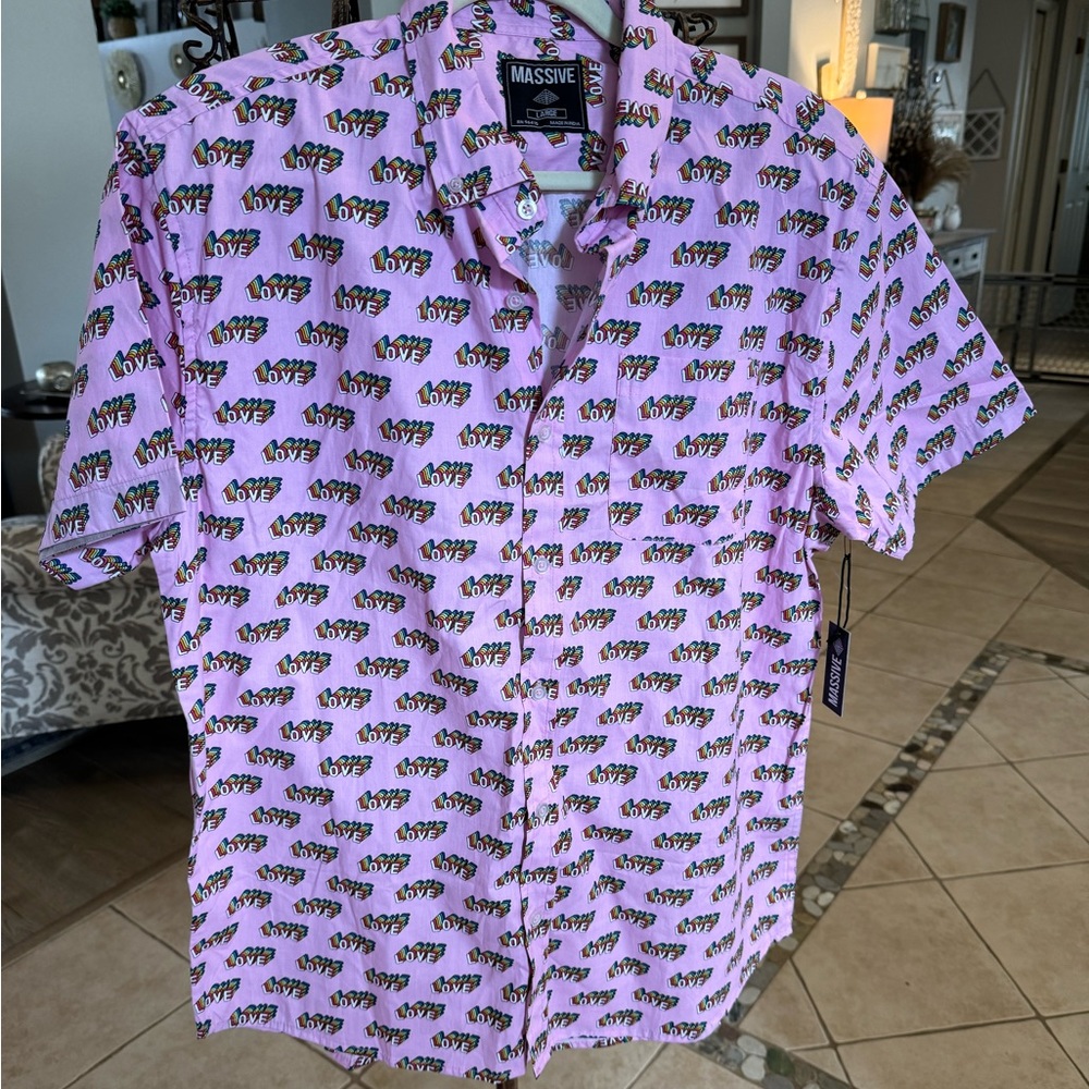 NWT Massive 90s Retro All Over Print ButtonUp Rainbow Love  Mens Size Med LGBTQ
